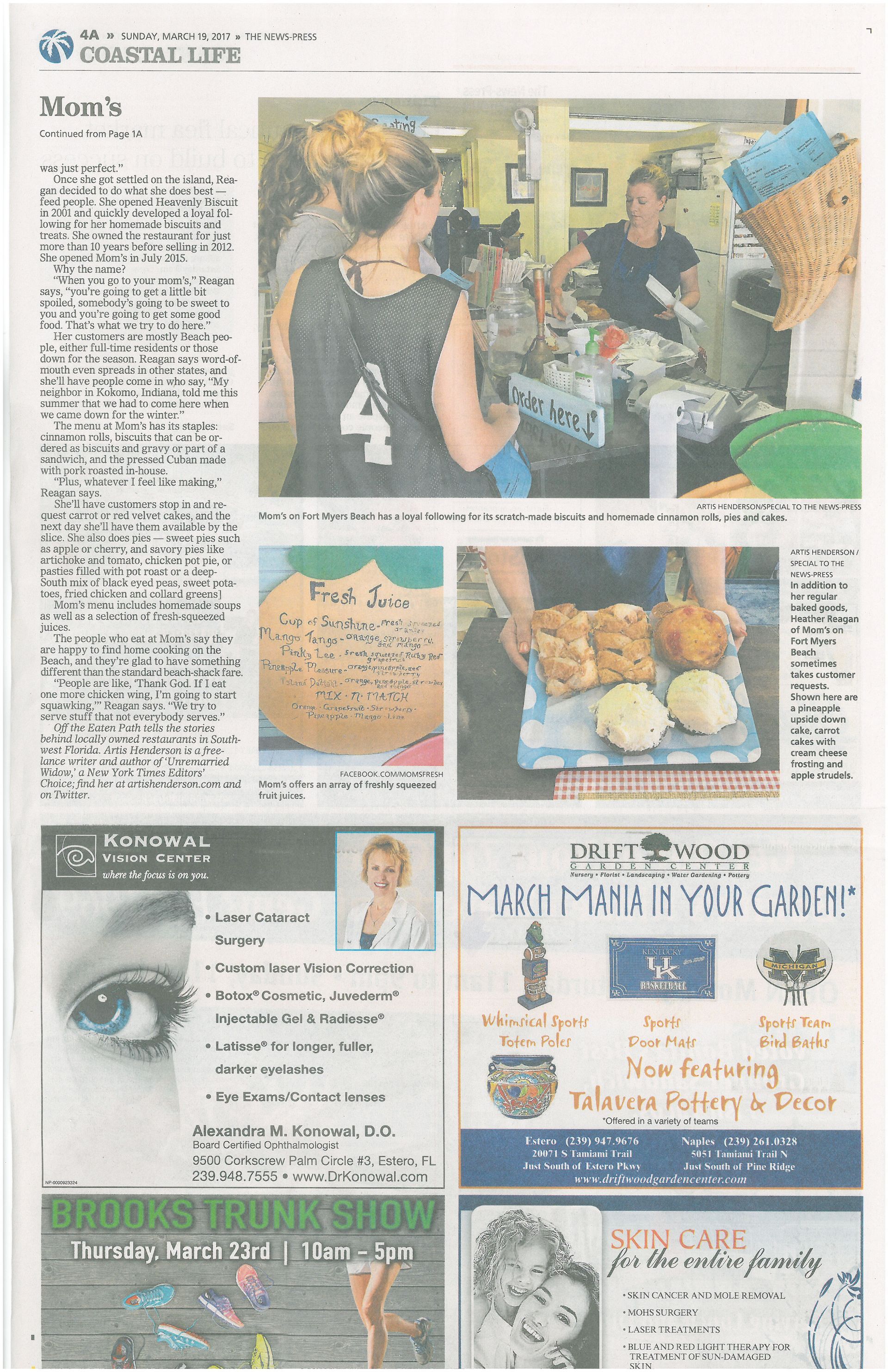 Newspaper page: People at an event, food, ads, and a headline 