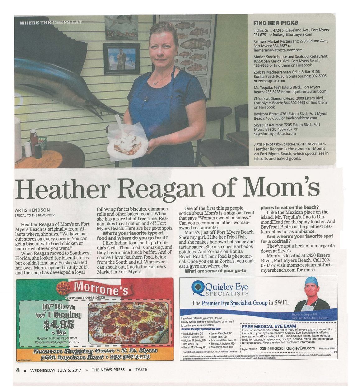 Heather Reagan of Mom's restaurant. Woman holding food, standing in front of a sailfish mount, article with advertisements.