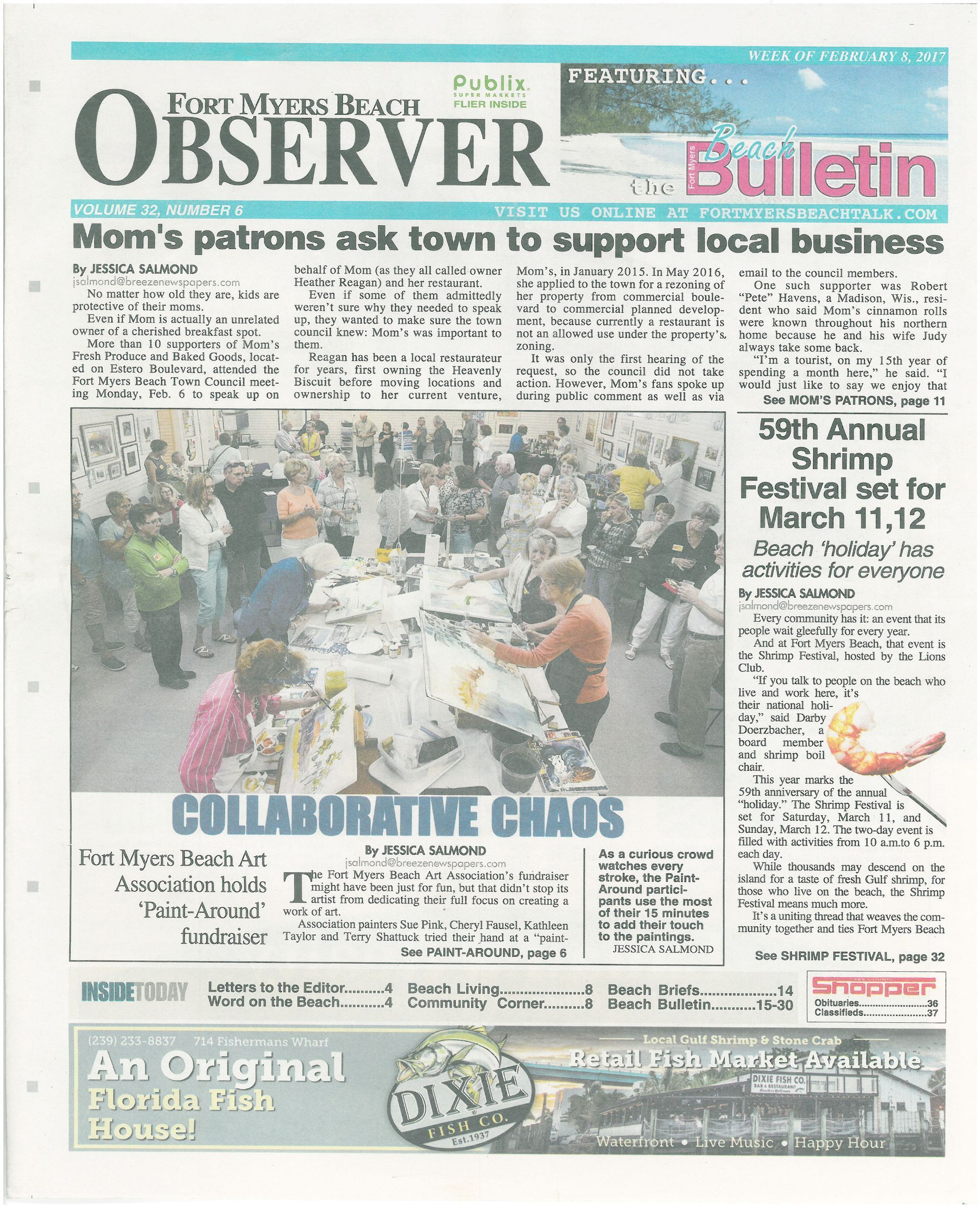Front page of the Fort Myers Beach Observer newspaper: headlines, event photo, ads, and text.