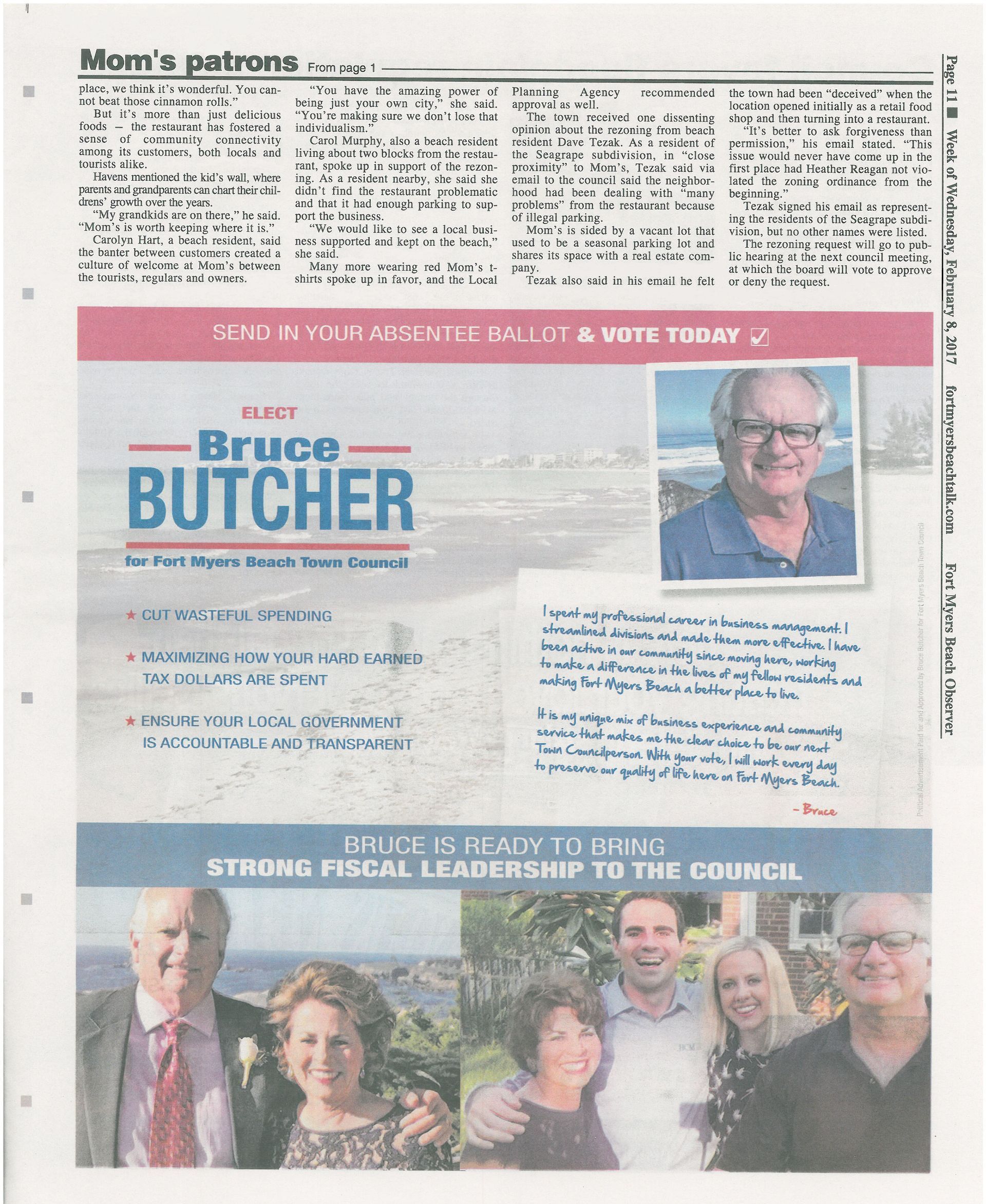 Political ad featuring Bruce Butcher, headshot and family photos, advocating for his election.