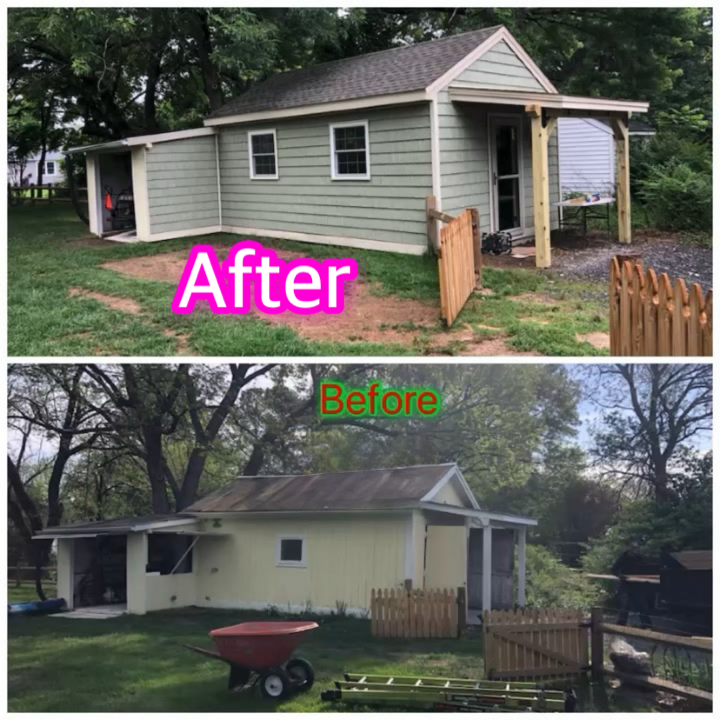 A before and after picture of a shed being remodeled
