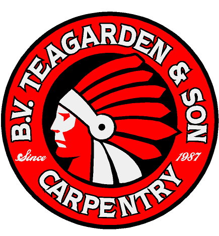 A red and black logo for teagarden & son carpentery