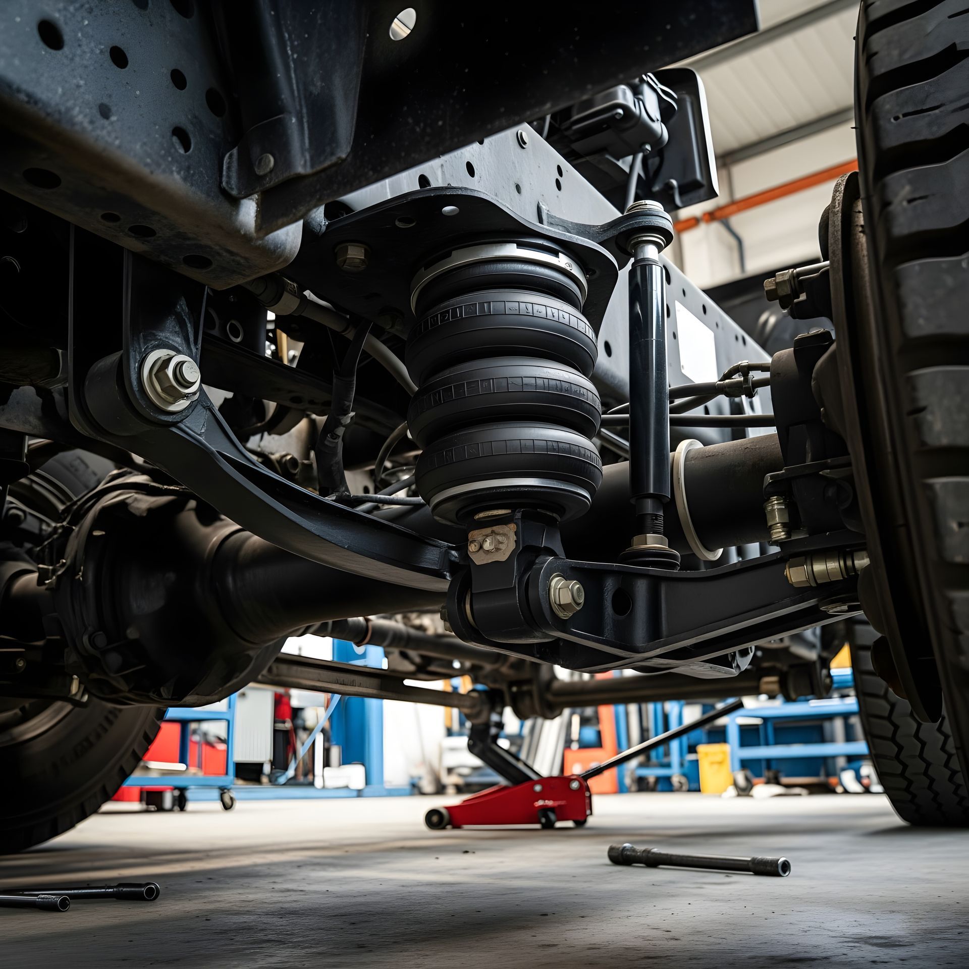 Truck suspension system in a garage, showcasing air springs and related components.