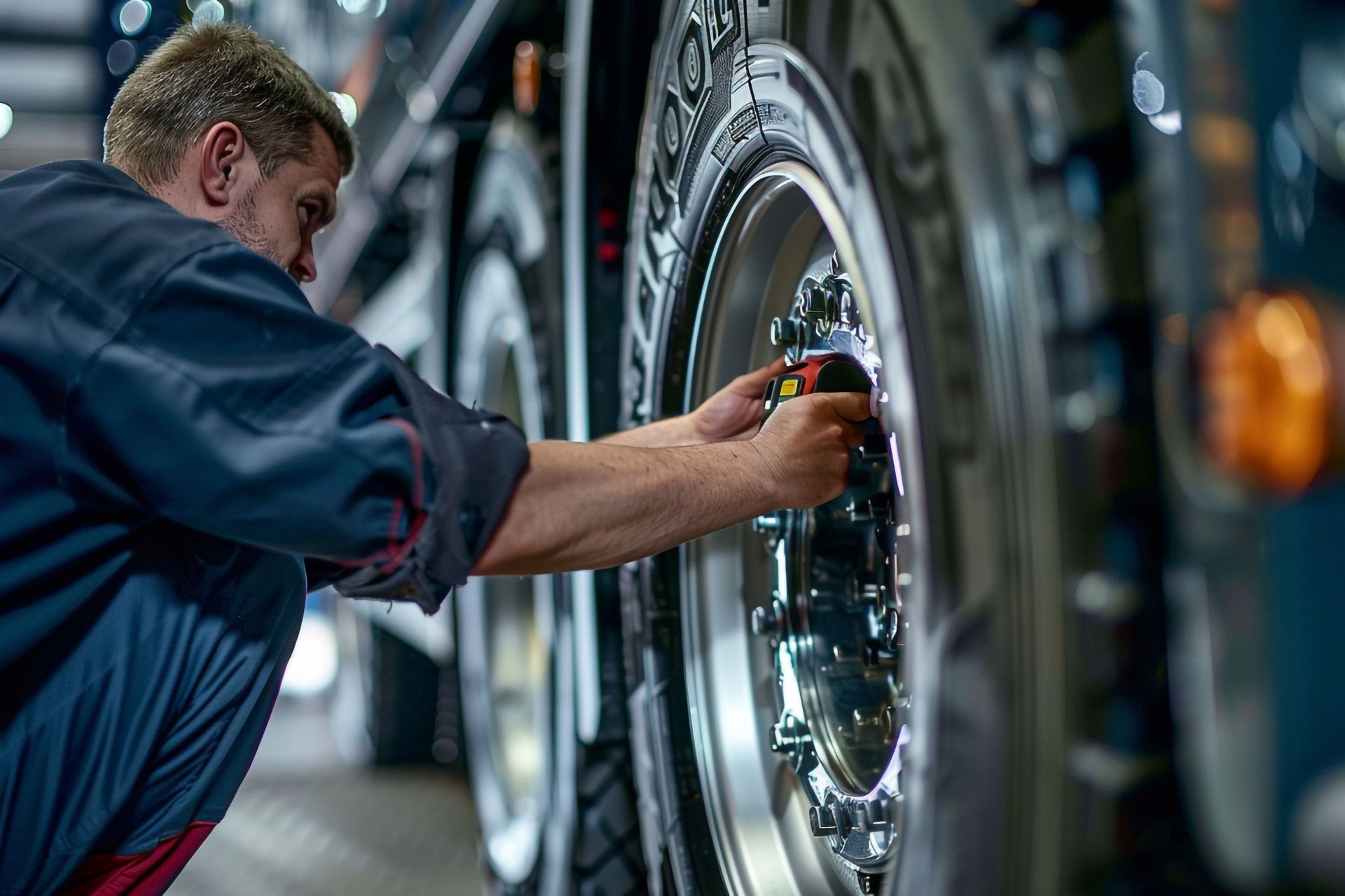 Mechanic inspects truck wheel with a tool in a garage.