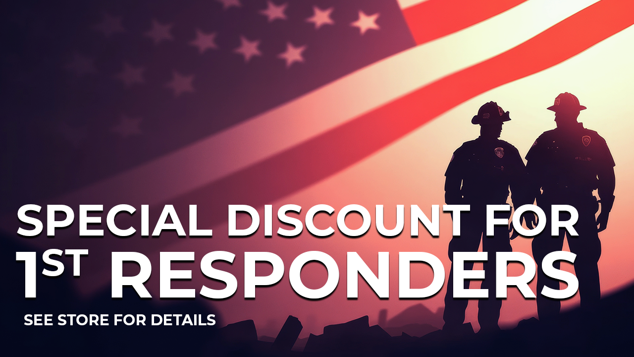 Discount for 1st responders. Two firefighters in silhouette against American flag. 