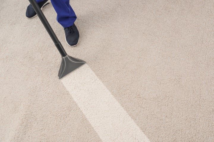 Person using a squeegee to clean a light-colored carpet, leaving a wet white stripe