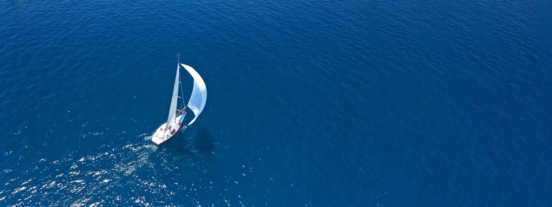 A sailboat with a white sail glides on blue water.