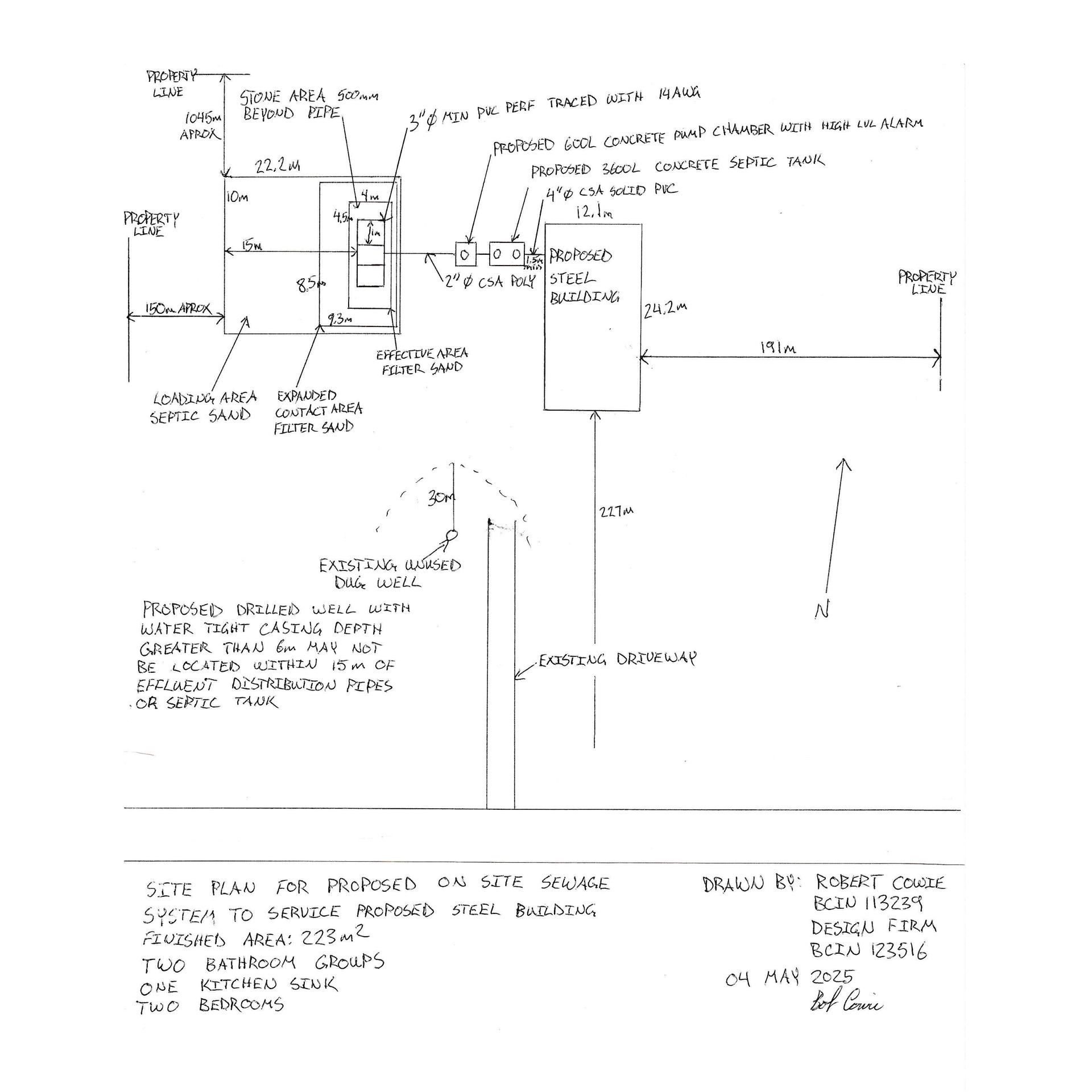 Septic Design - A black and white drawing of a building with a lot of writing on it.