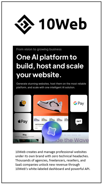 Advertisement for an AI platform to build, host, and scale websites. Includes logos and website mockups.