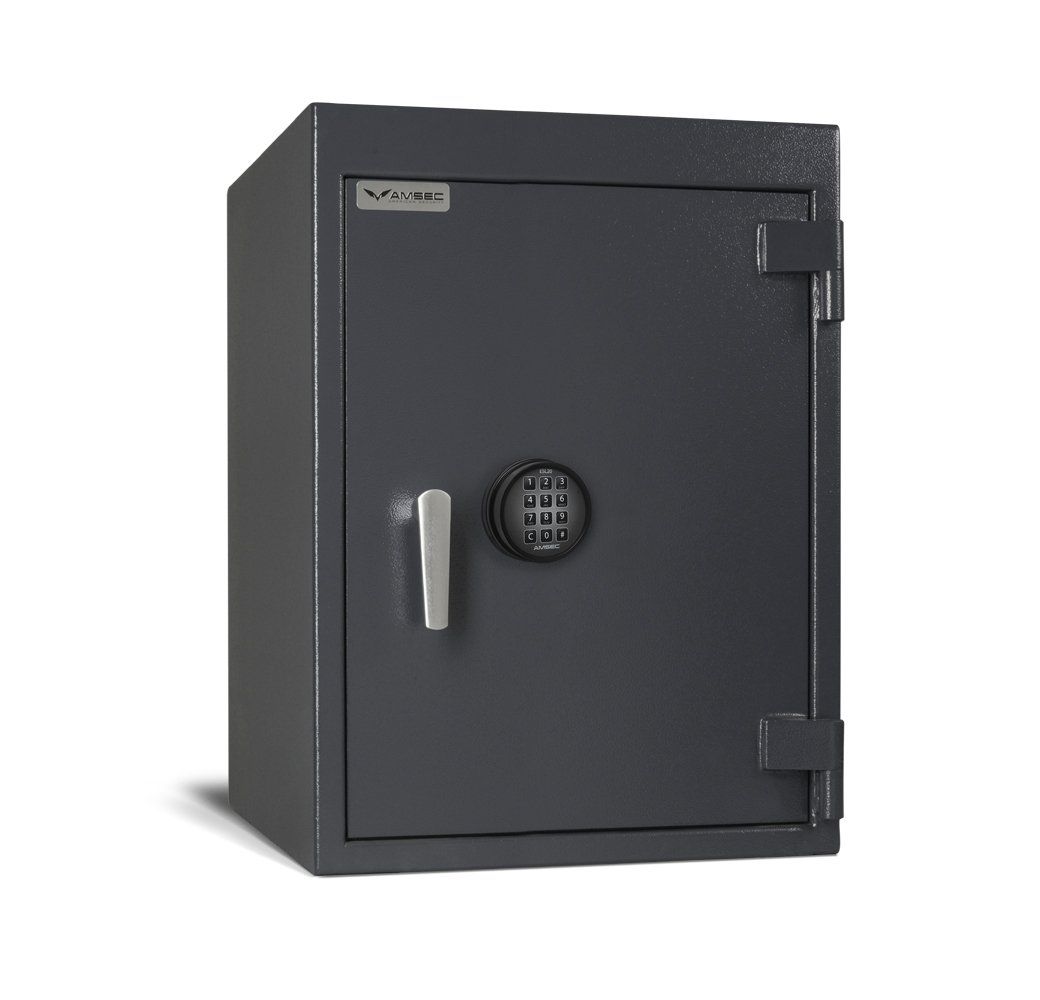 A black safe with a digital lock on the door.