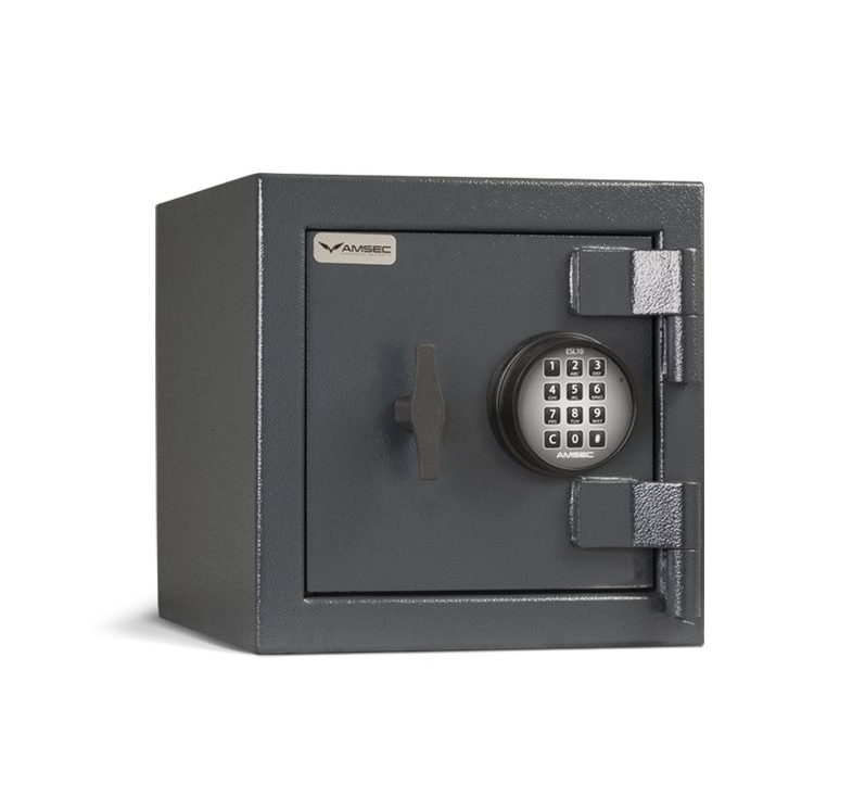 A black safe with a digital lock on a white background.