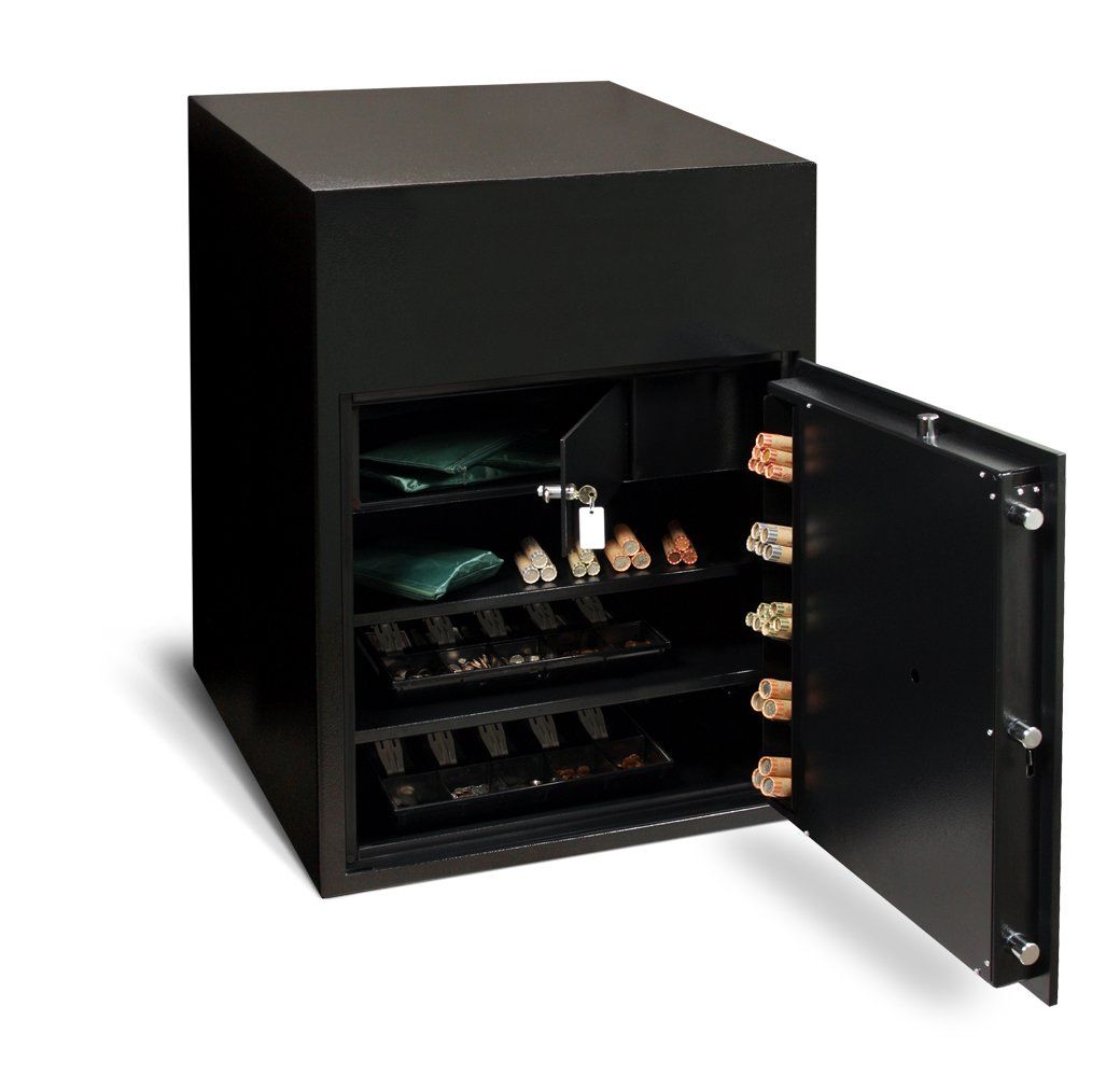A black safe with the door open and shelves full of items
