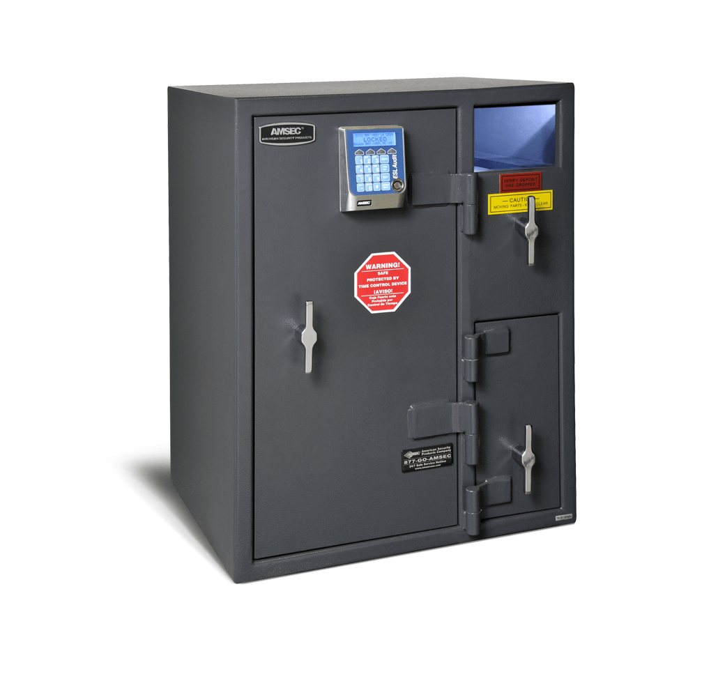 A black safe with a stop sign on the door