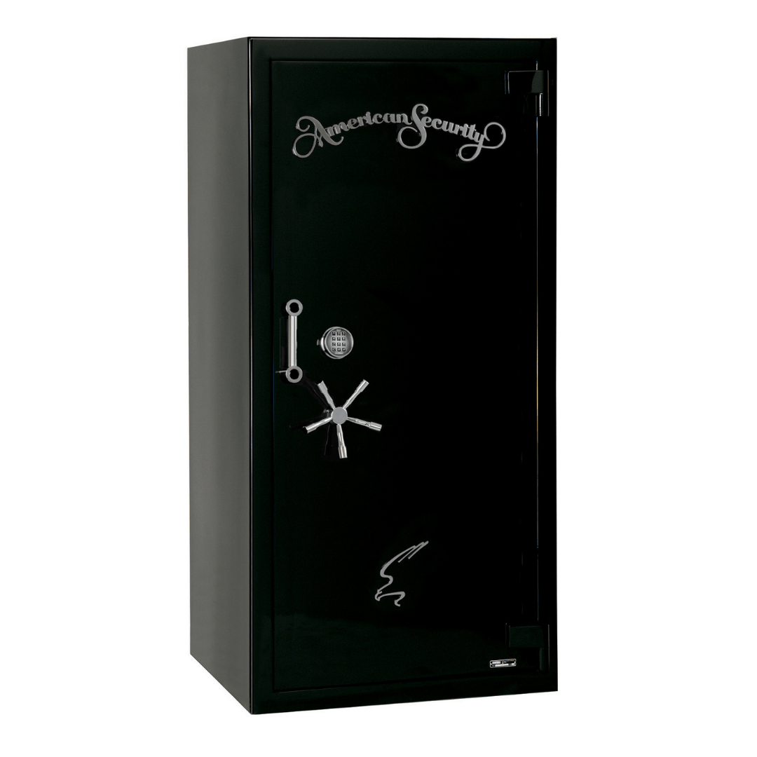 A black safe with a star on it is on a white background.