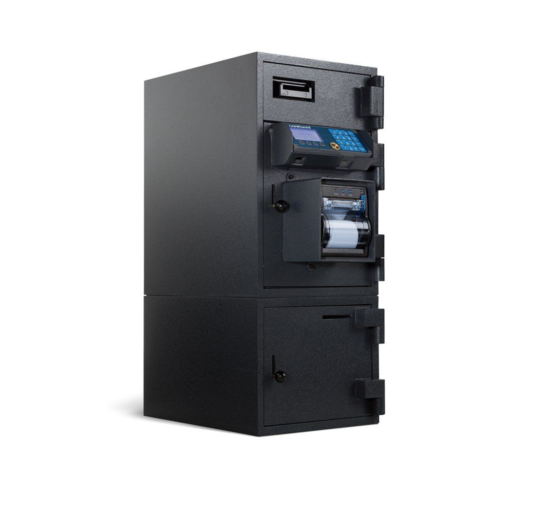 A black safe with a computer on top of it