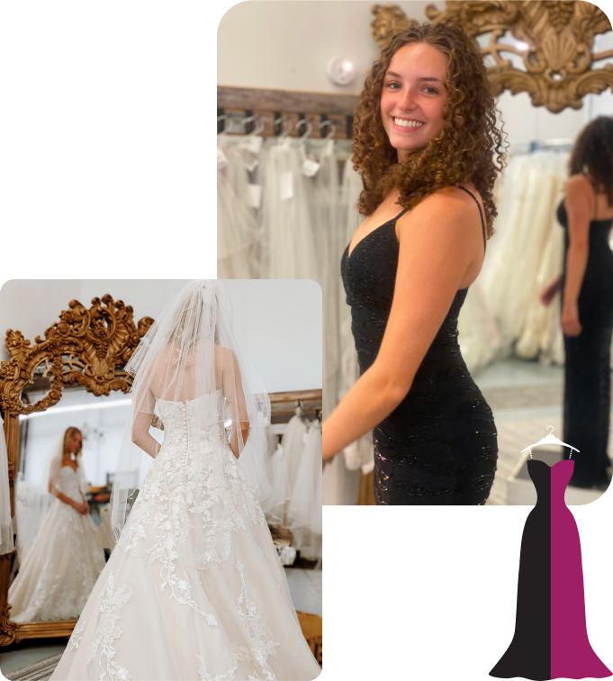 A woman in a wedding dress is standing in front of a mirror