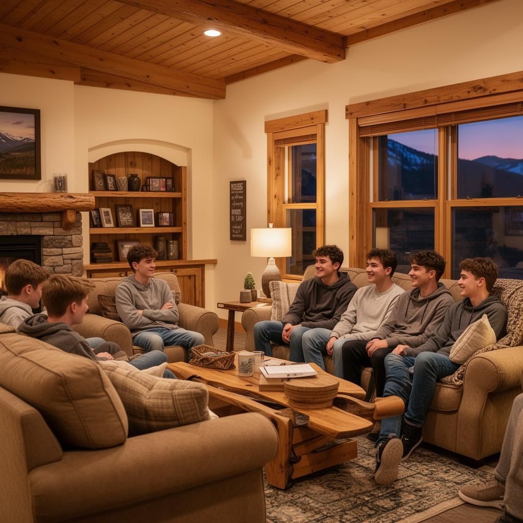 Group of people sitting on couches in a cozy living room, chatting. The sky outside the window is pink.