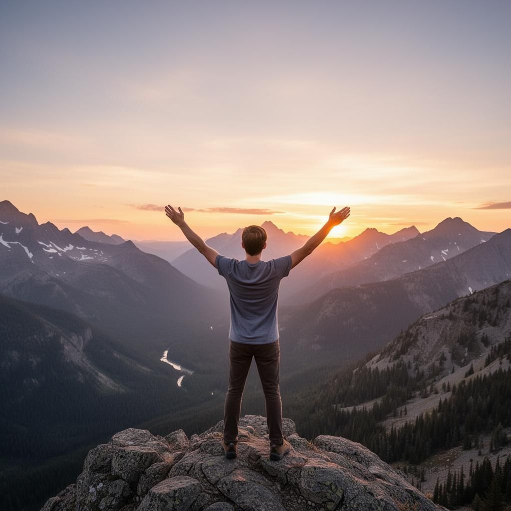 Person with arms raised on mountain peak at sunset overlooking mountains.