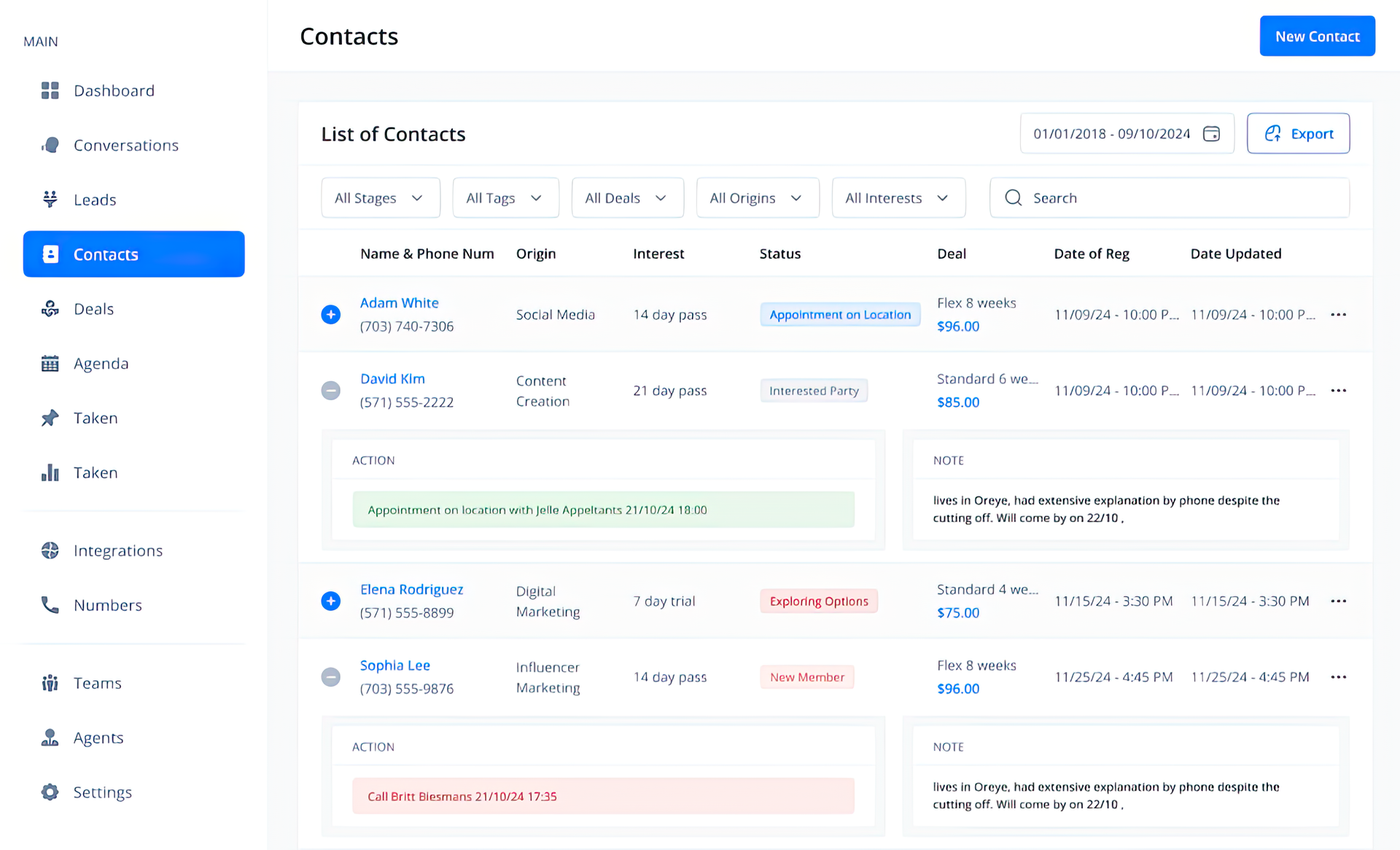 Screenshot of a contacts management interface, showing a list of contacts with details.