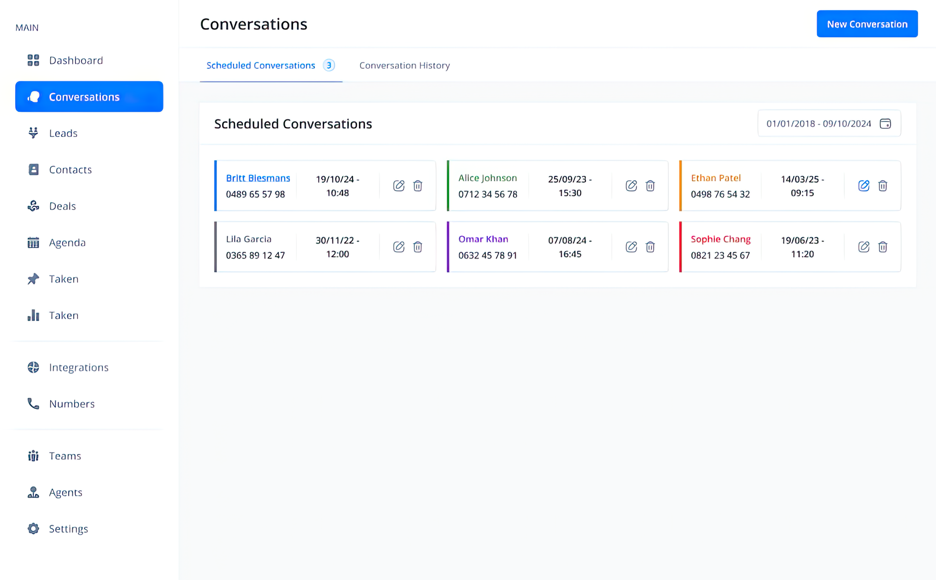 Dashboard displaying scheduled communications with details, including date, time, and status.