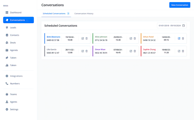 Dashboard displaying scheduled communications with color-coded status indicators.