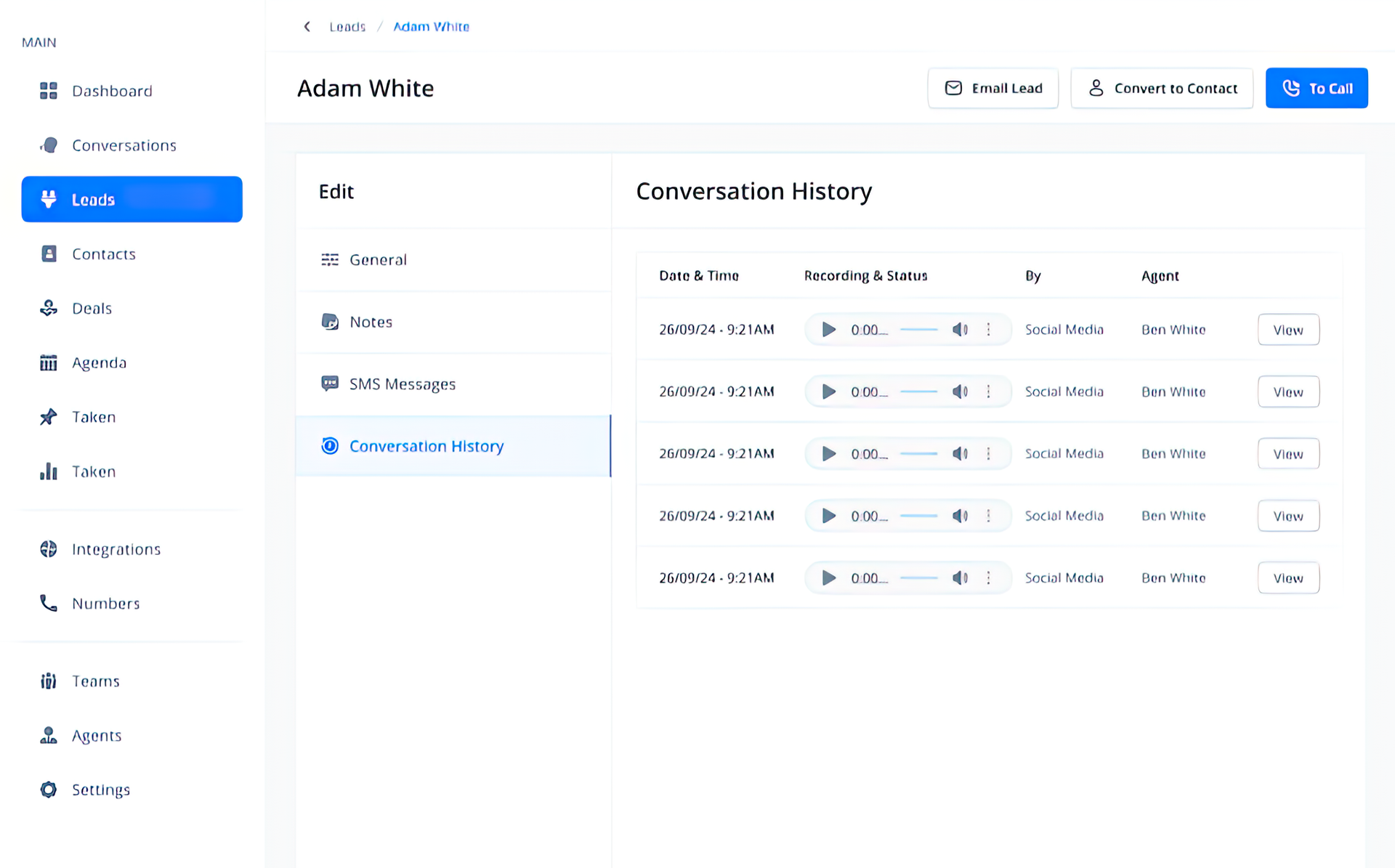 CRM interface displaying lead information, conversation history with options to edit and export.