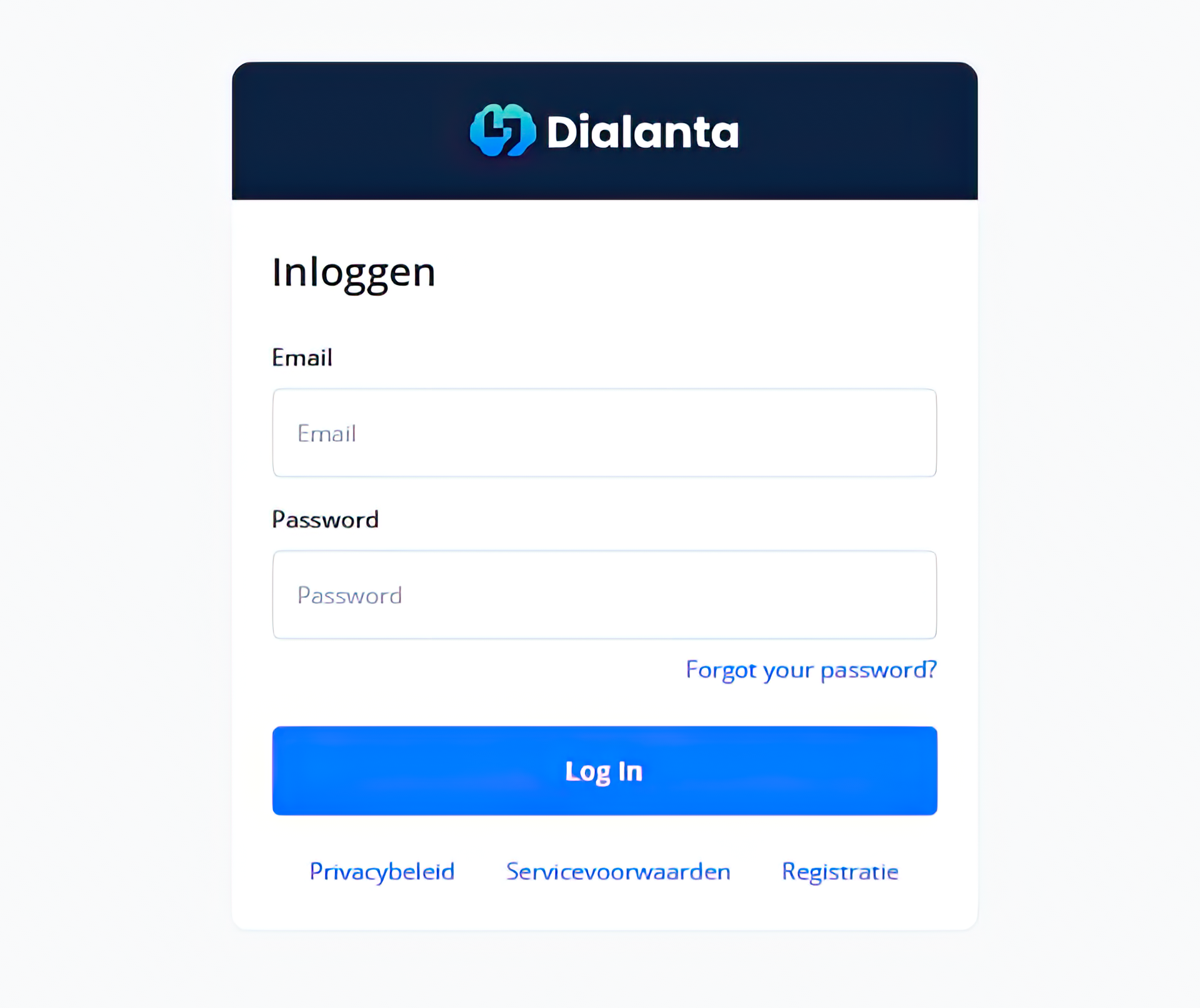 Login screen for Dialanta with email and password fields, blue 