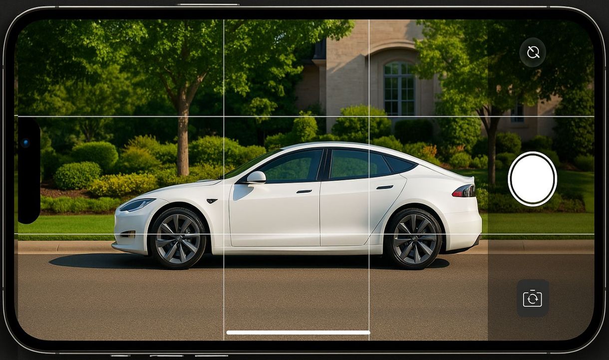 A smartphone screen with camera gridlines and a white Tesla Model S perfectly centered in daylight.