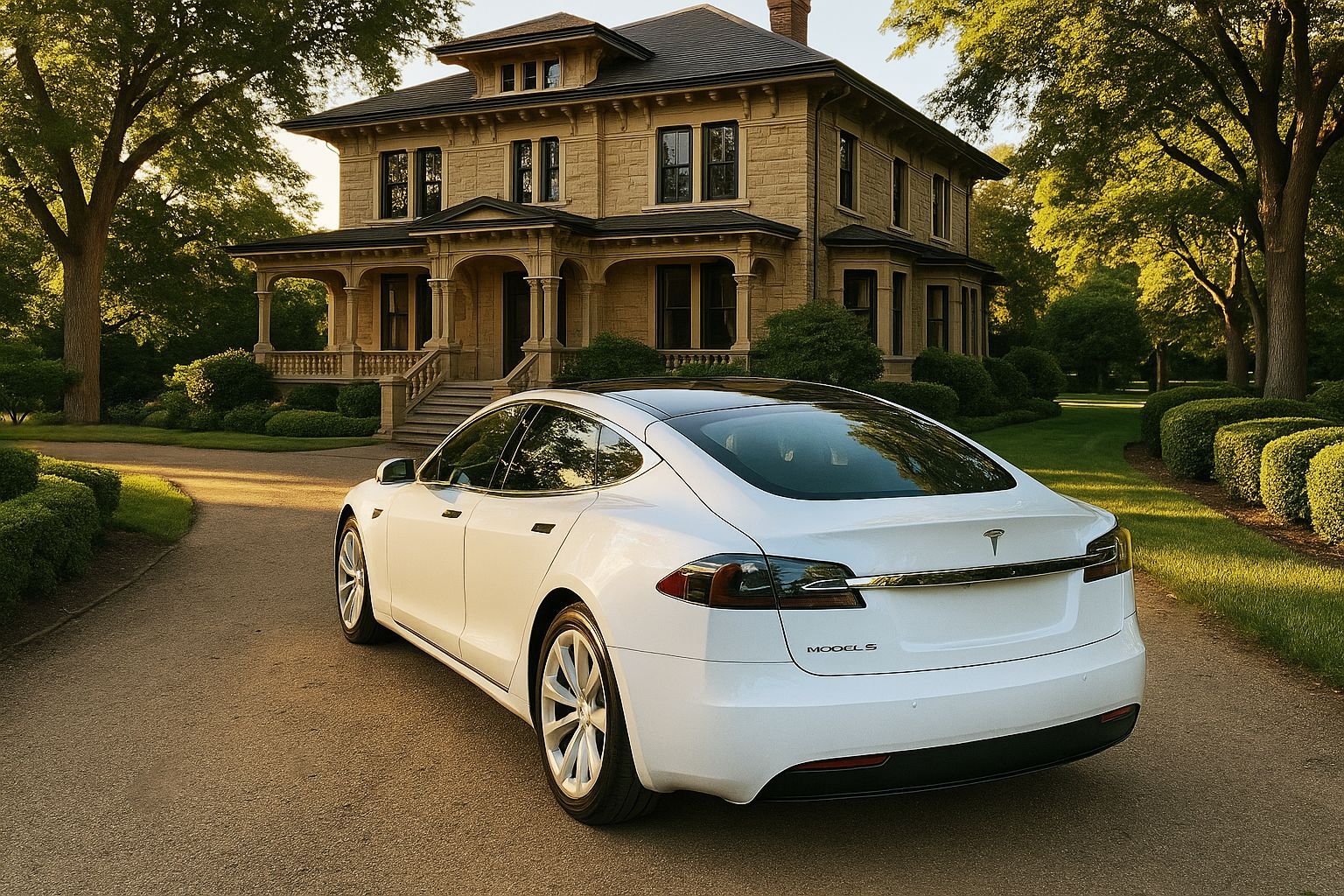 A white Tesla Model S in front of nice house