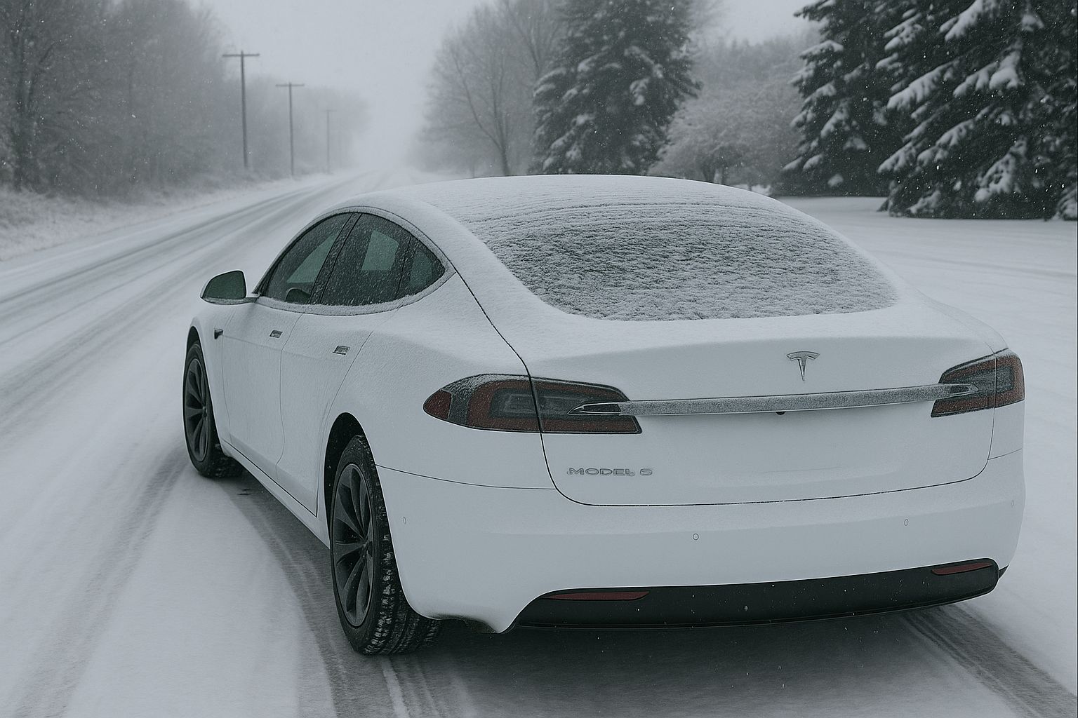 A white Tesla Model S on a snowy road in middle of winter