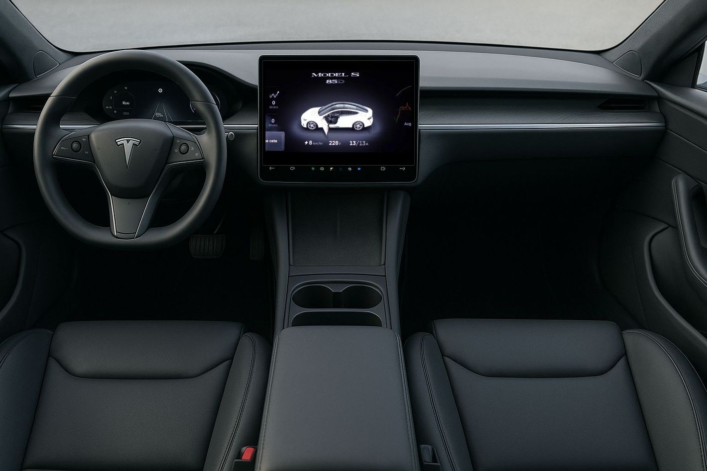 Interior of Tesla Model S with dark grey leather interior`