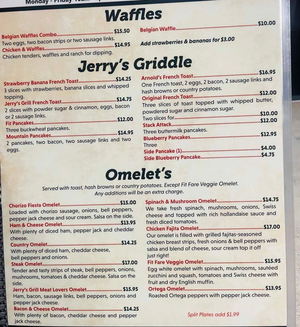 A menu for jerry 's griddle and omelets