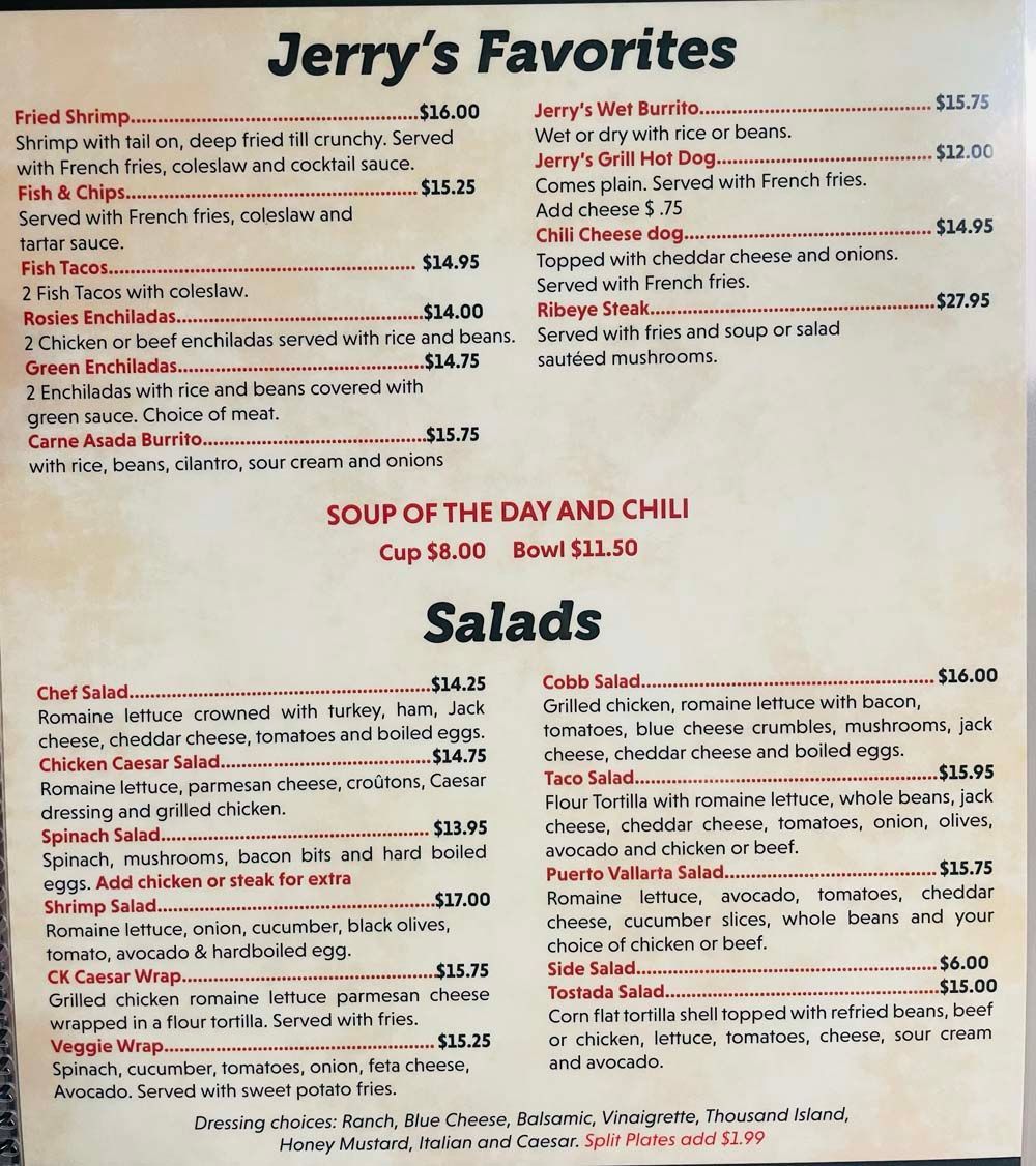 A menu for jerry 's favorites includes soup of the day and chili