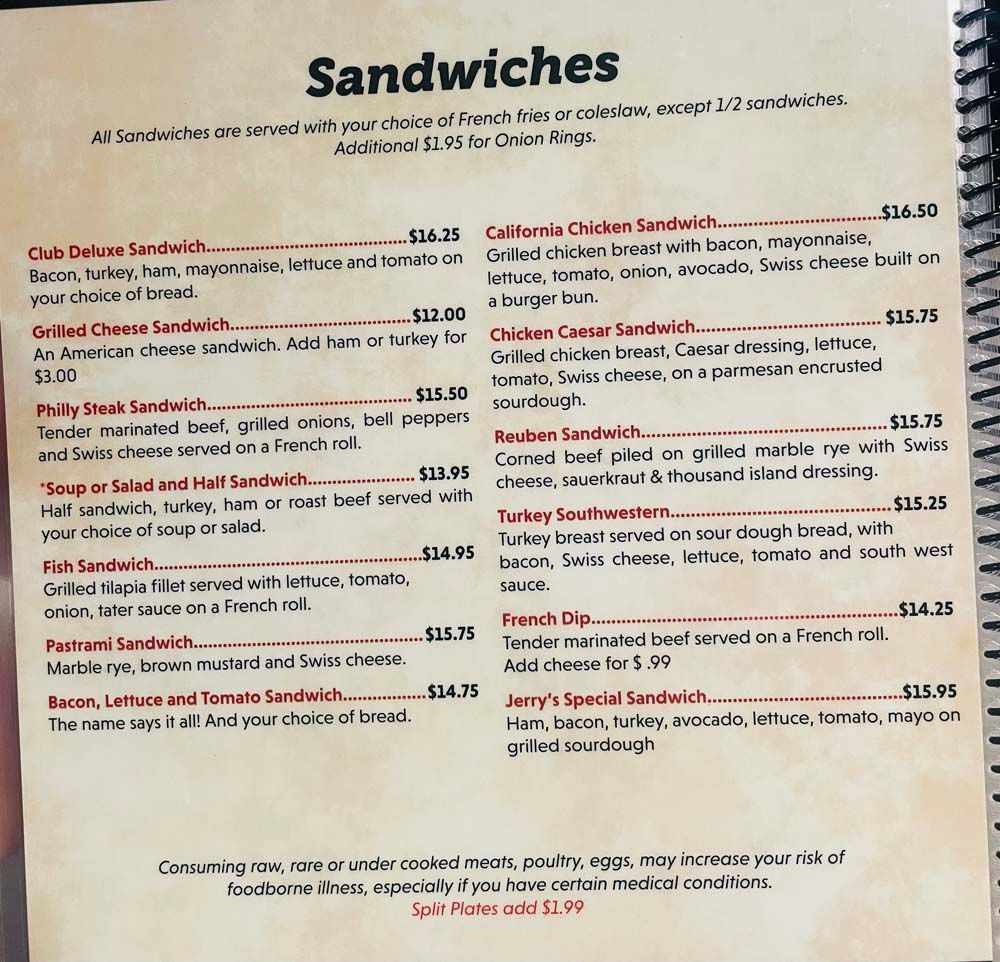 A menu for sandwiches including a california chicken sandwich
