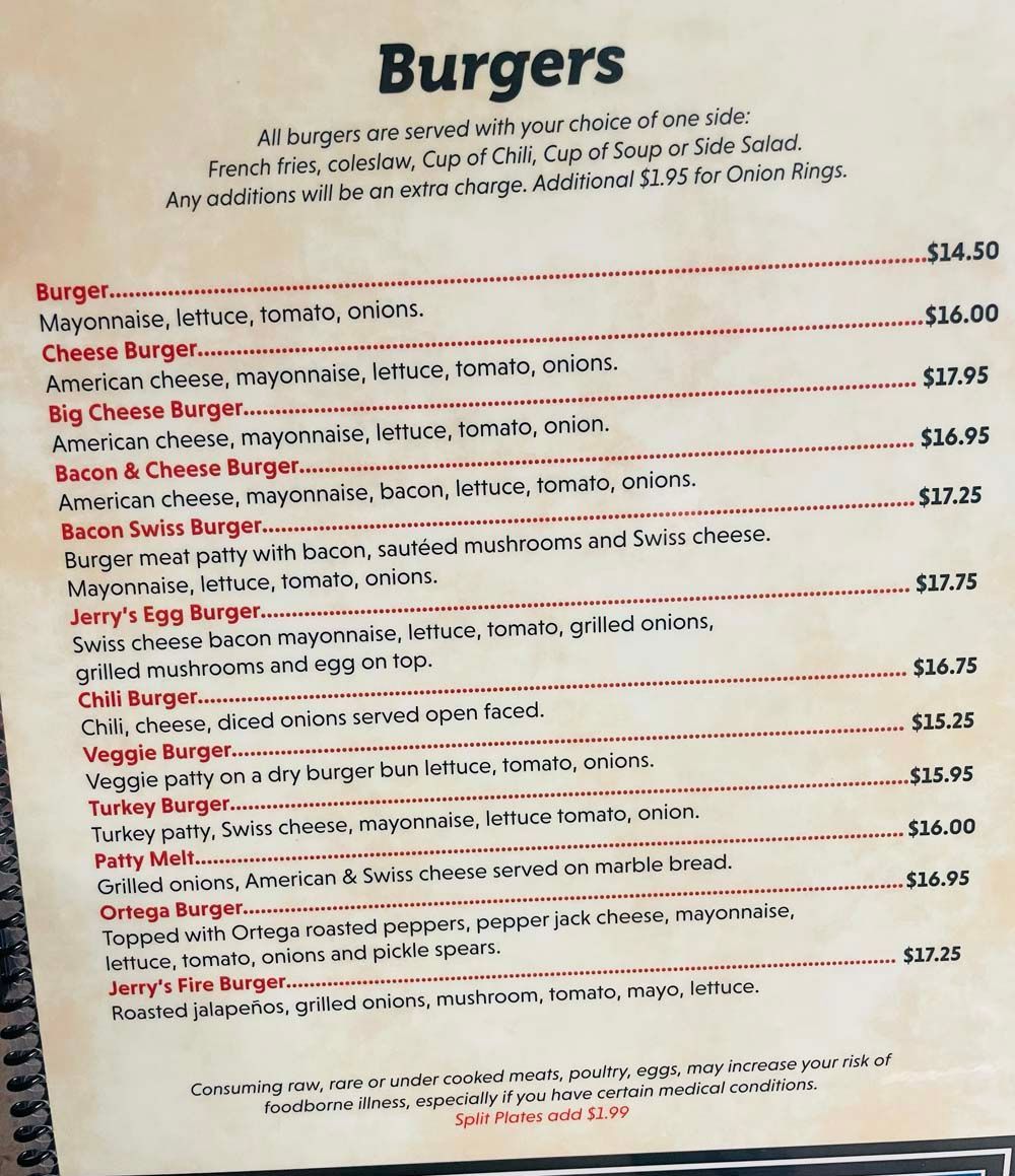 A menu with the word burgers on it