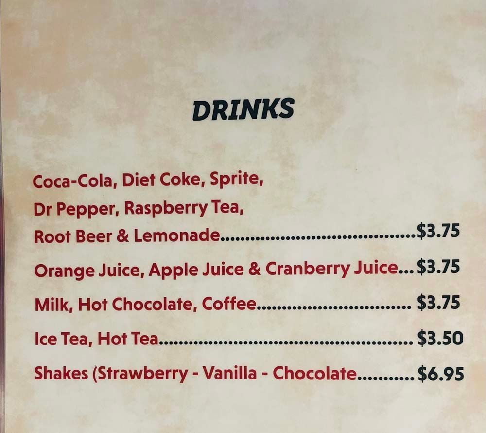 A menu for drinks includes coca cola diet coke sprite dr pepper raspberry tea root beer and lemonade