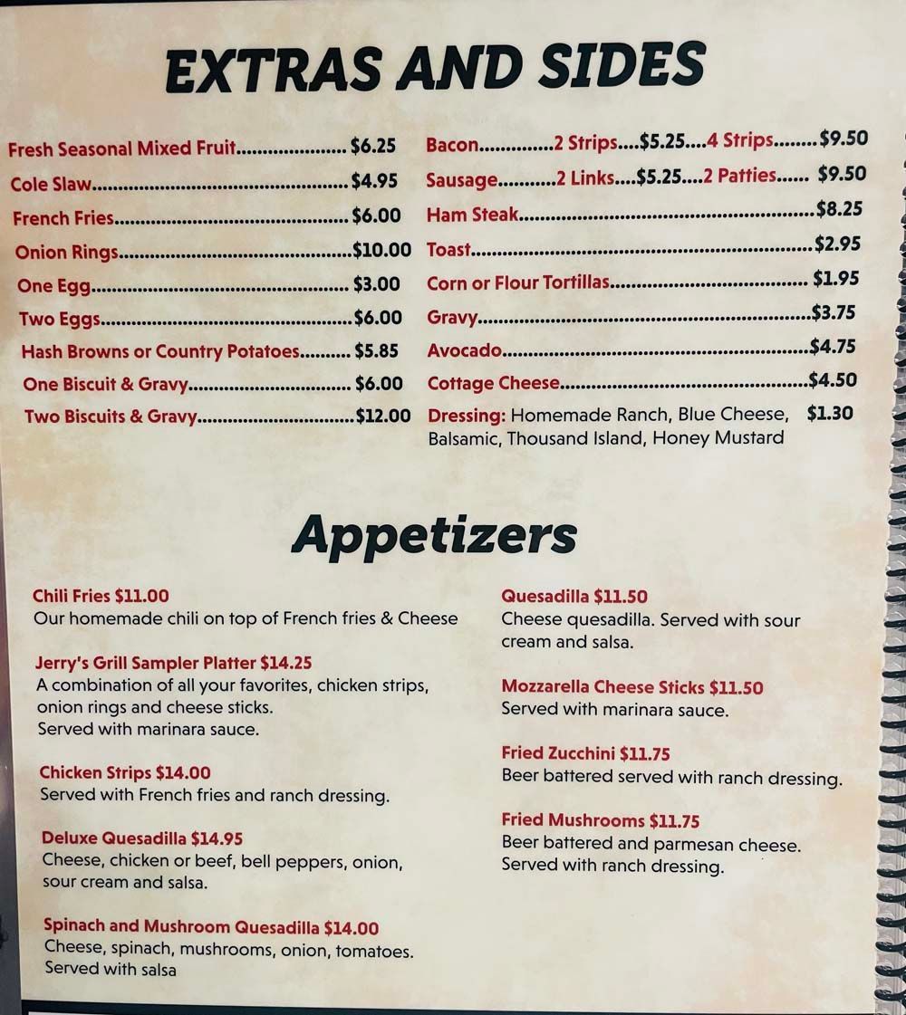 A menu for a restaurant includes appetizers and extras