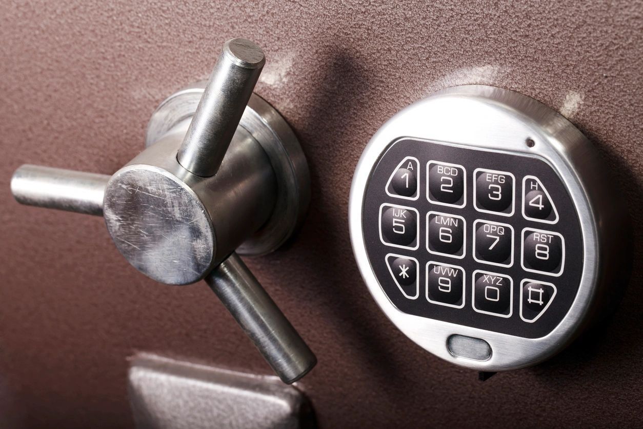 A close up of a digital lock on a safe