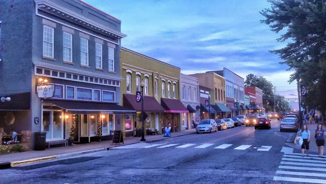 Salem Street in Downtown Apex at dusk. 