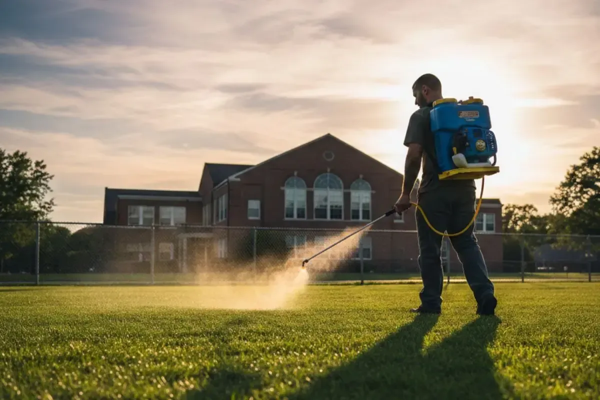 A school groundskeeper spaying the lawn