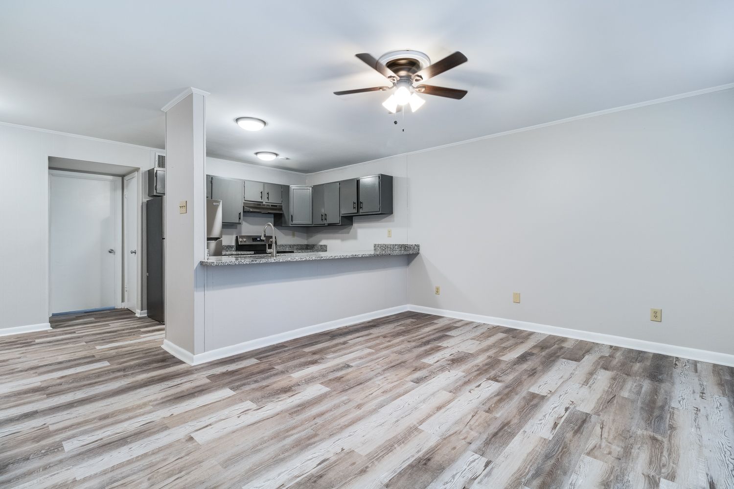 living room and kitchen with ceiling fan