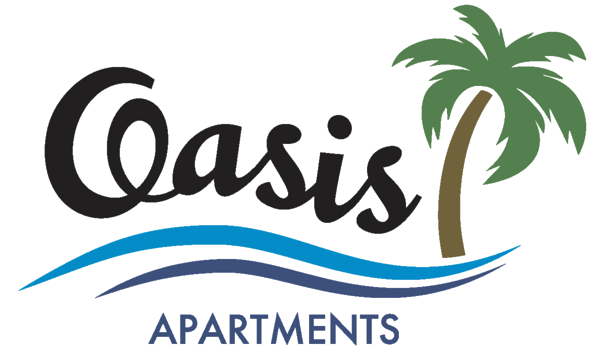 Logo: "Oasis Apartments" with palm tree and waves in blue and brown.