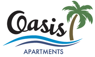 Logo: "Oasis Apartments" with palm tree and waves in blue and brown.