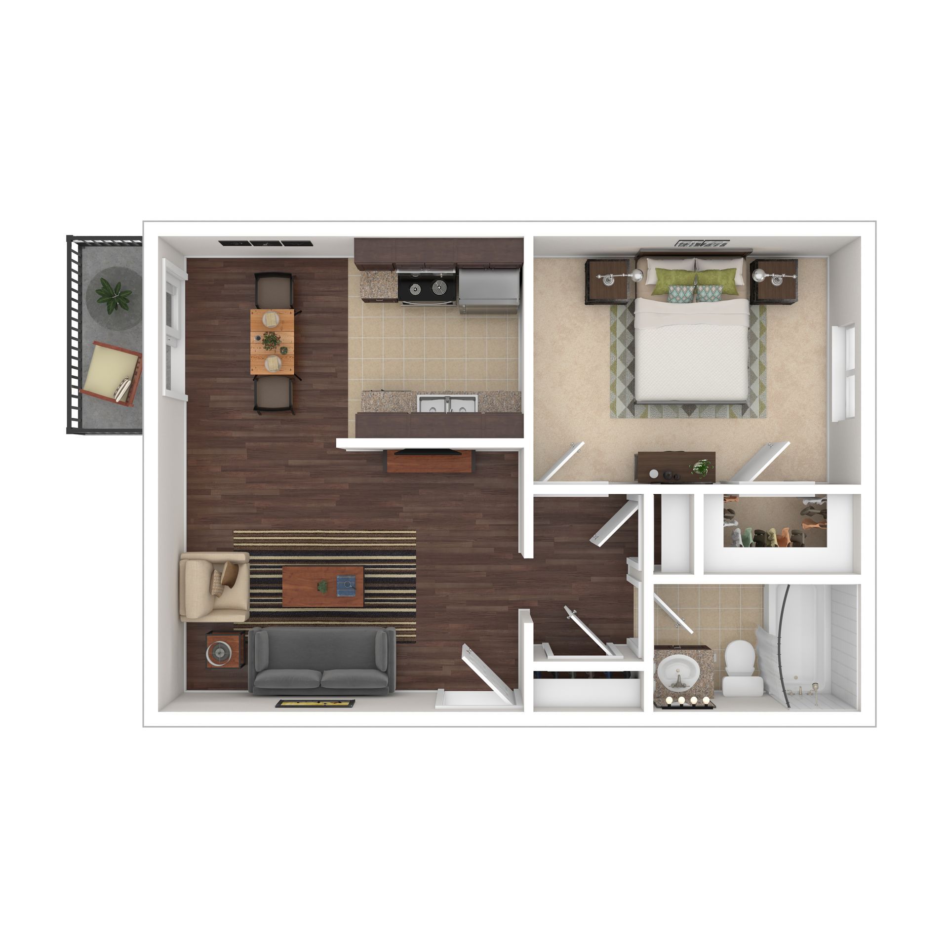 Floor plan of a one-bedroom apartment with kitchen, living room, dining area, bedroom, bathroom, and balcony.