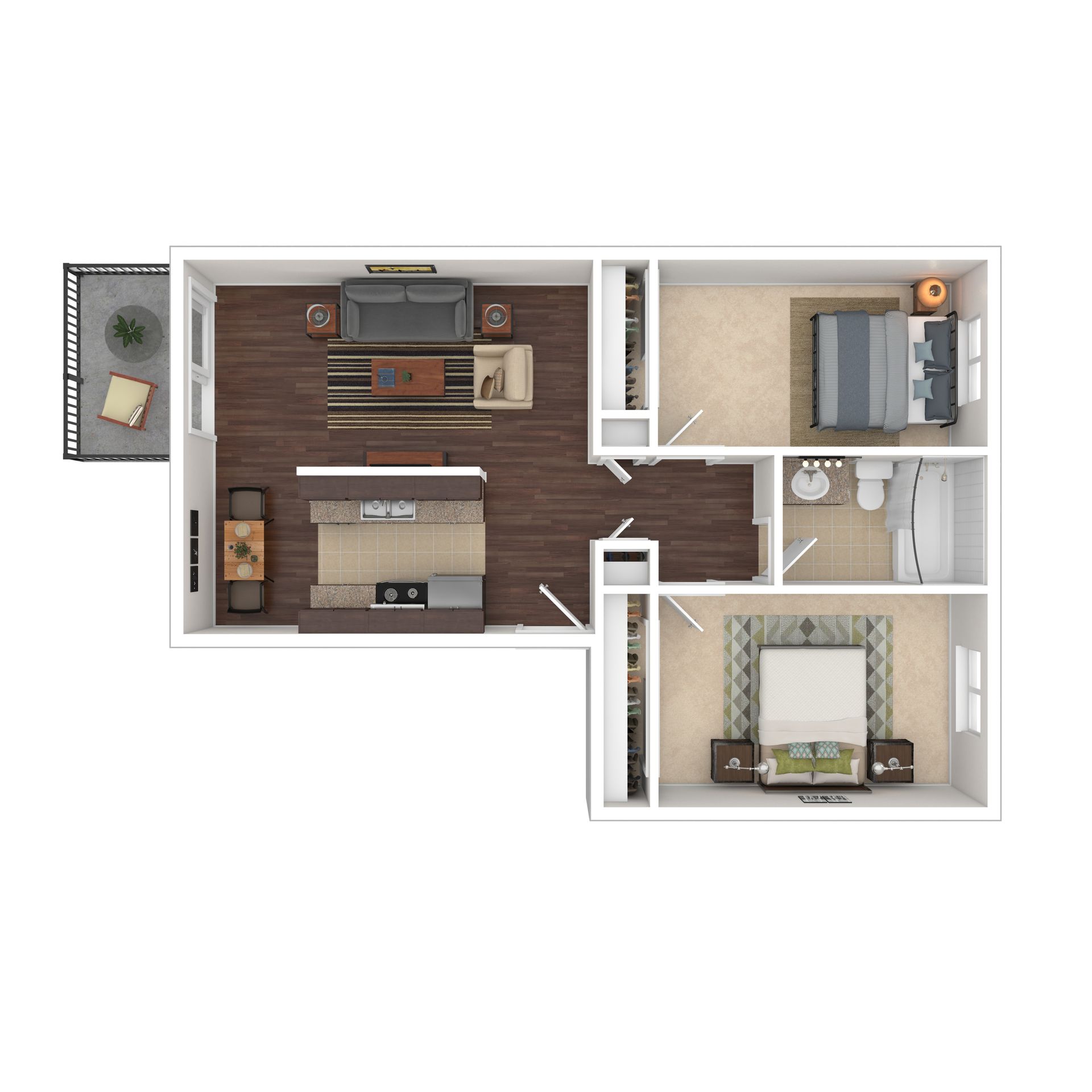 Floor plan of an apartment, showing two bedrooms, living area, kitchen, bathroom, and a balcony.