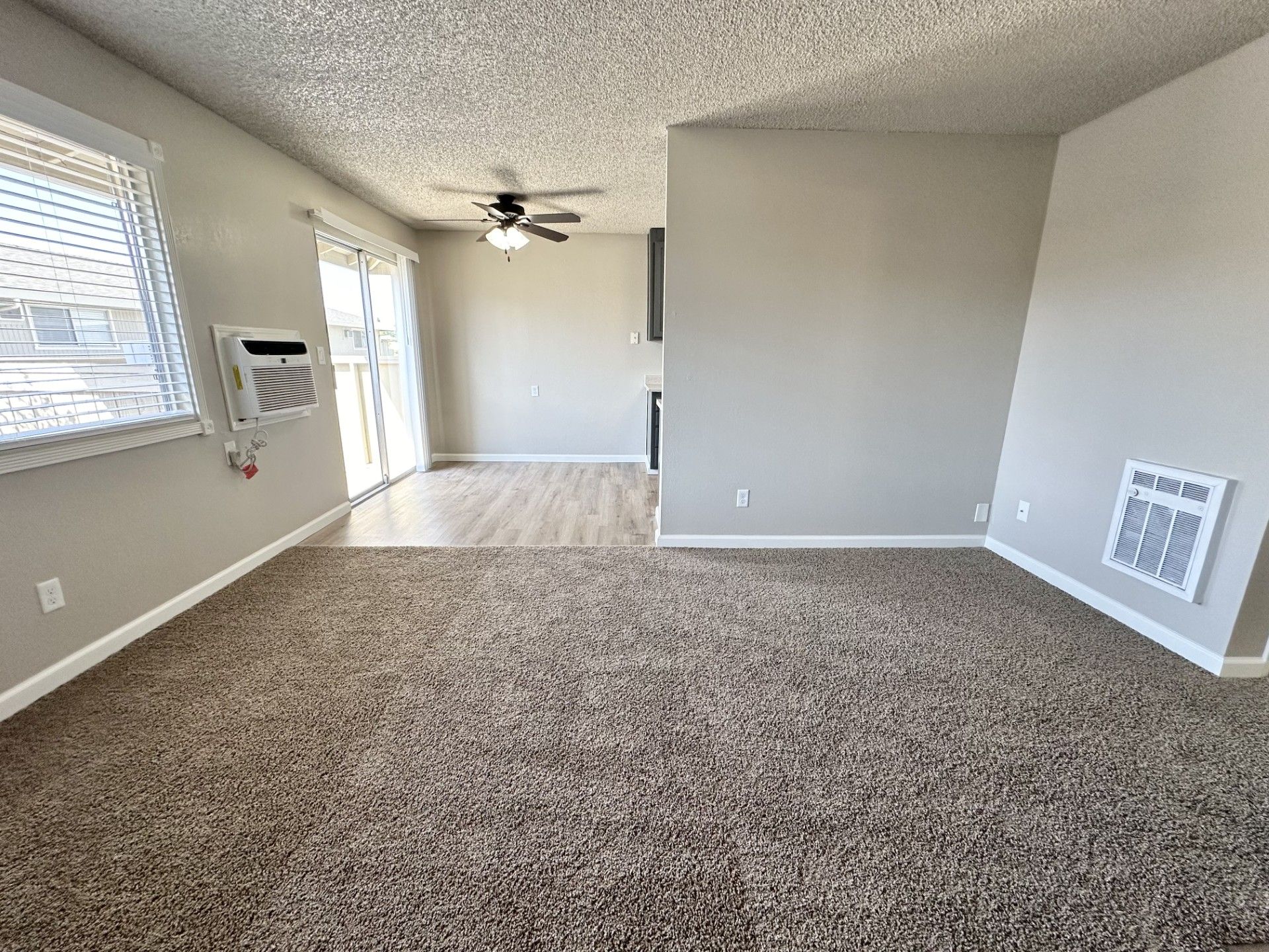 Empty living room with brown carpet and light walls, sliding door and window, with a ceiling fan.