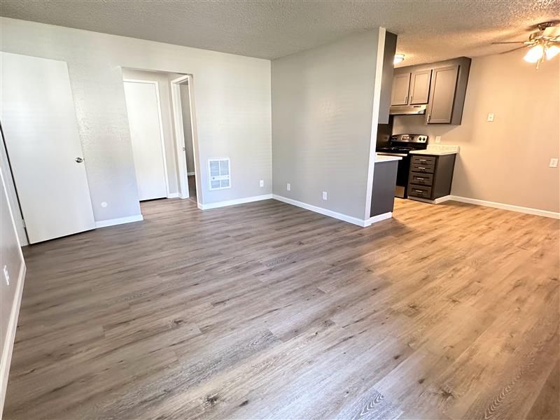Empty apartment interior with wood-look flooring, light gray walls, and partially visible kitchen.