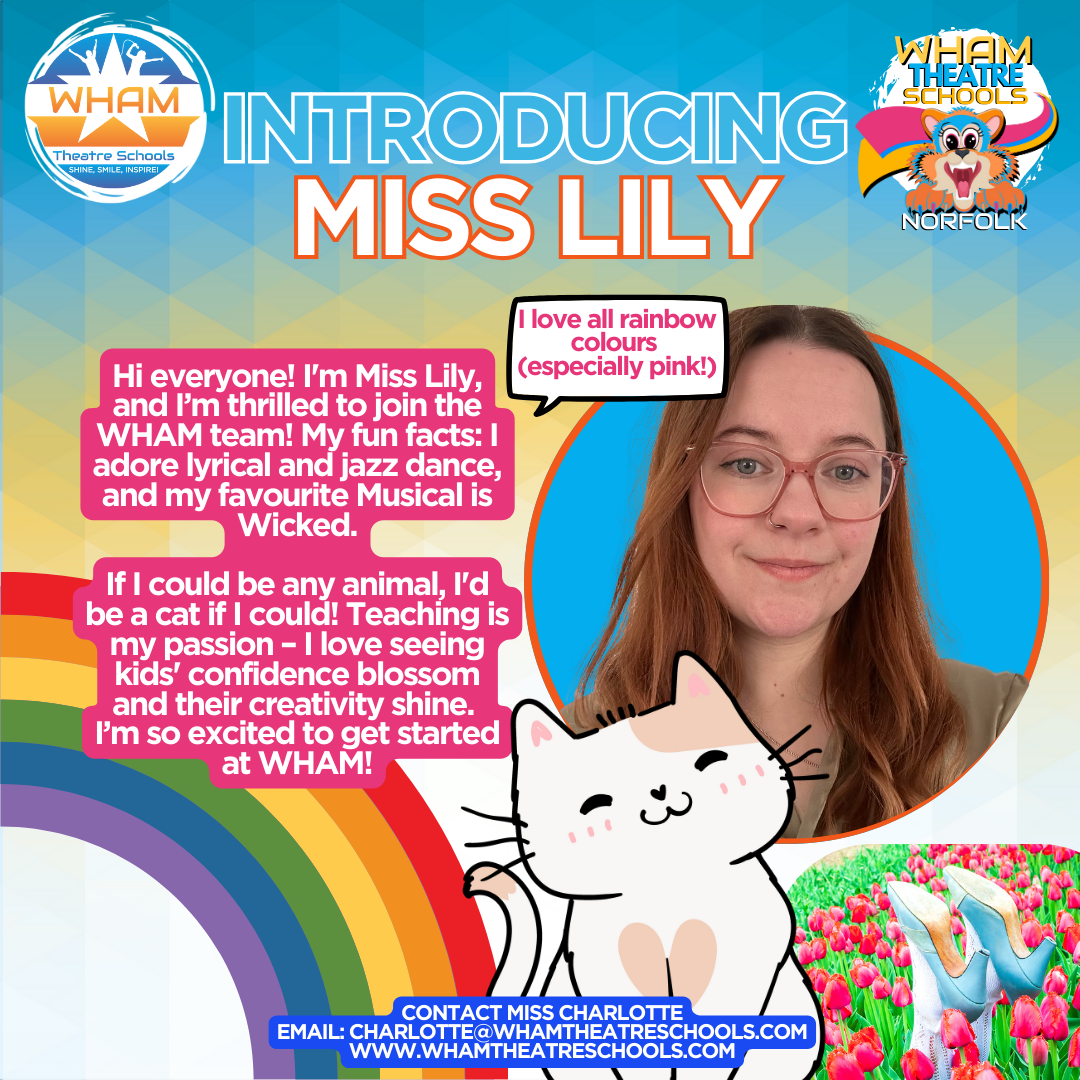 A poster for introducing miss lily with a cat and a rainbow.
