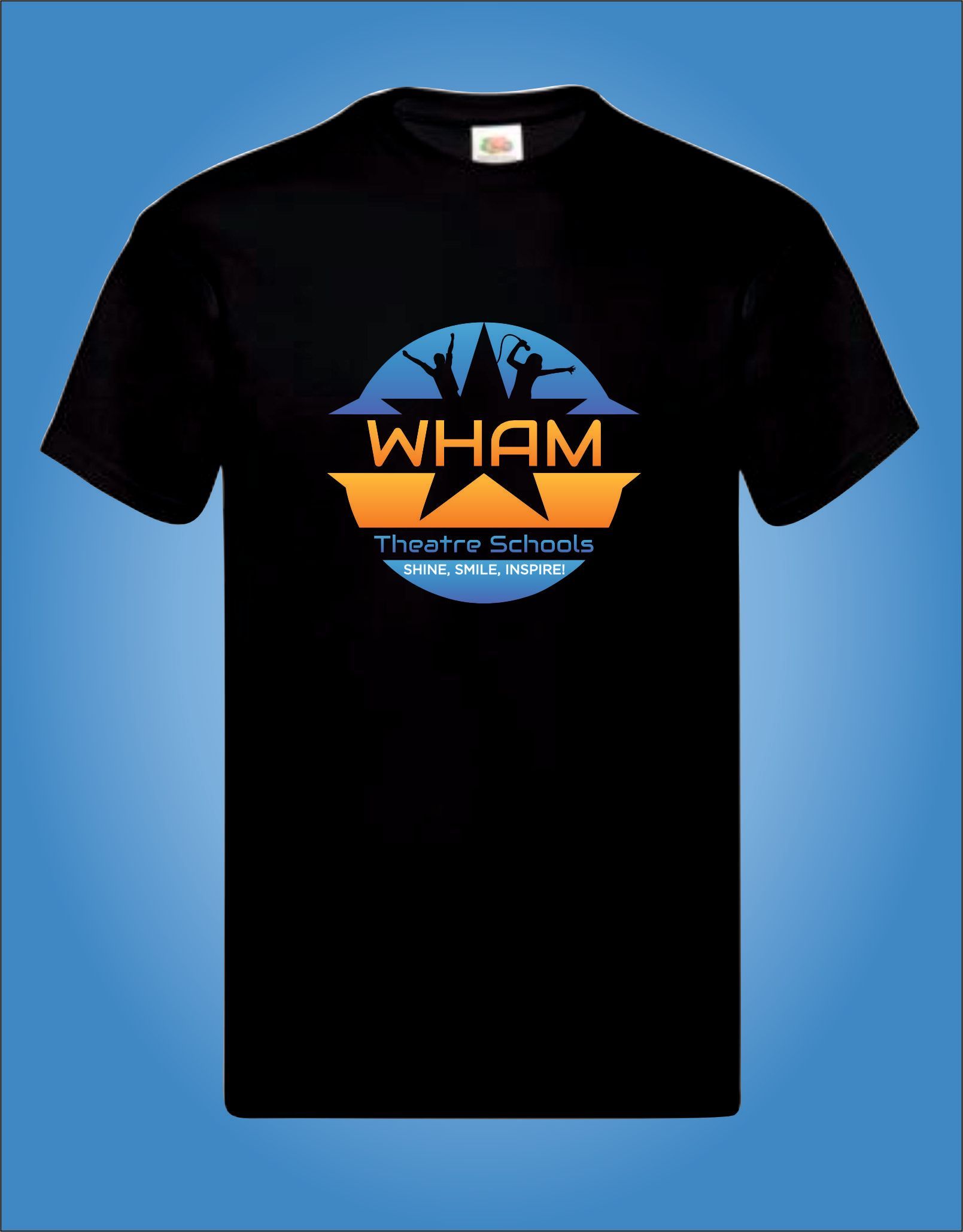 A black t-shirt with the word wham on it