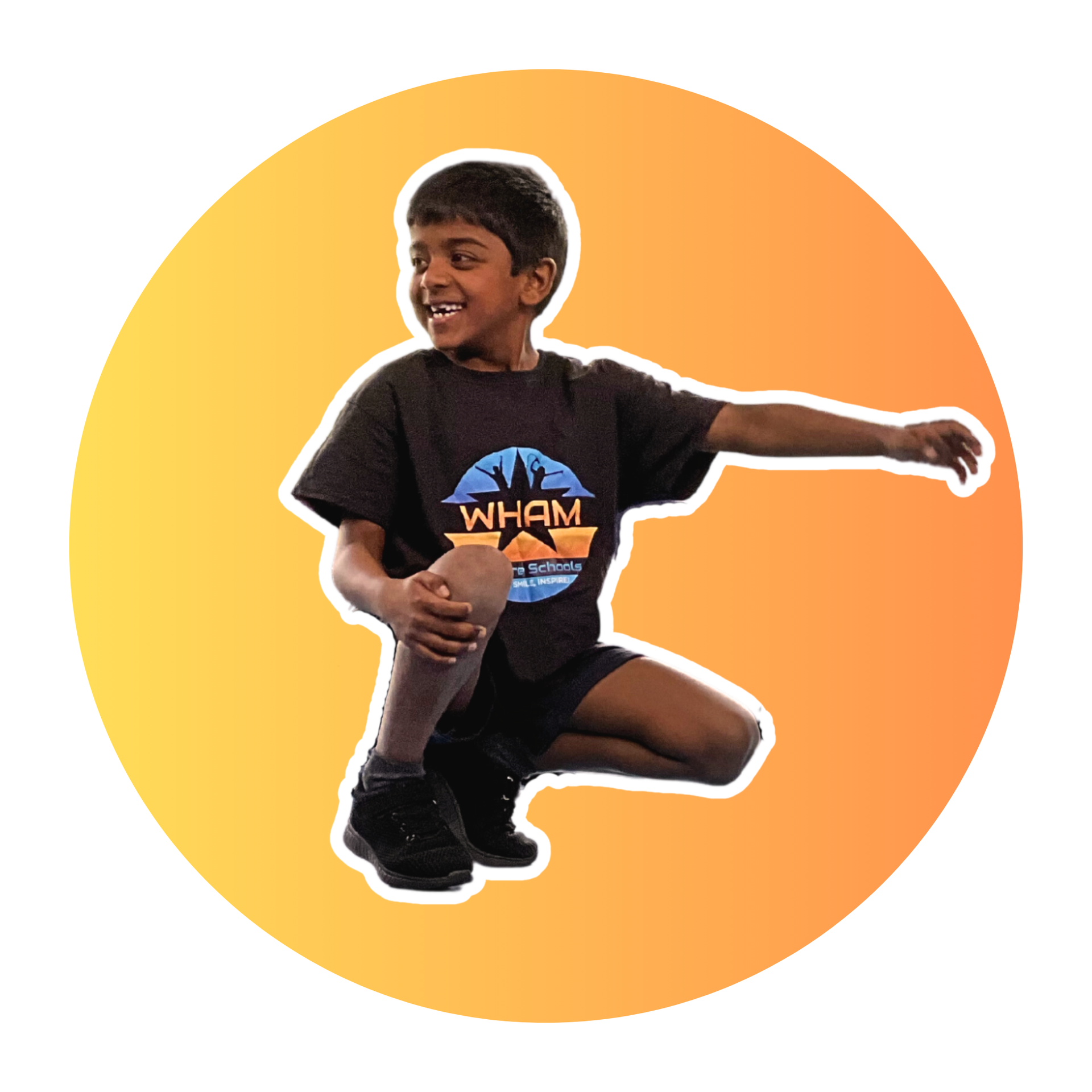 A young boy wearing a t-shirt that says whom on it